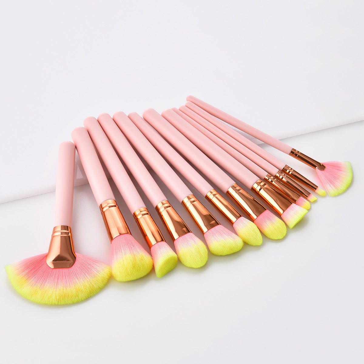 JMT-899914 12-Piece Pink Makeup Brush Set with Nylon Wool Bristles and Wooden Handles