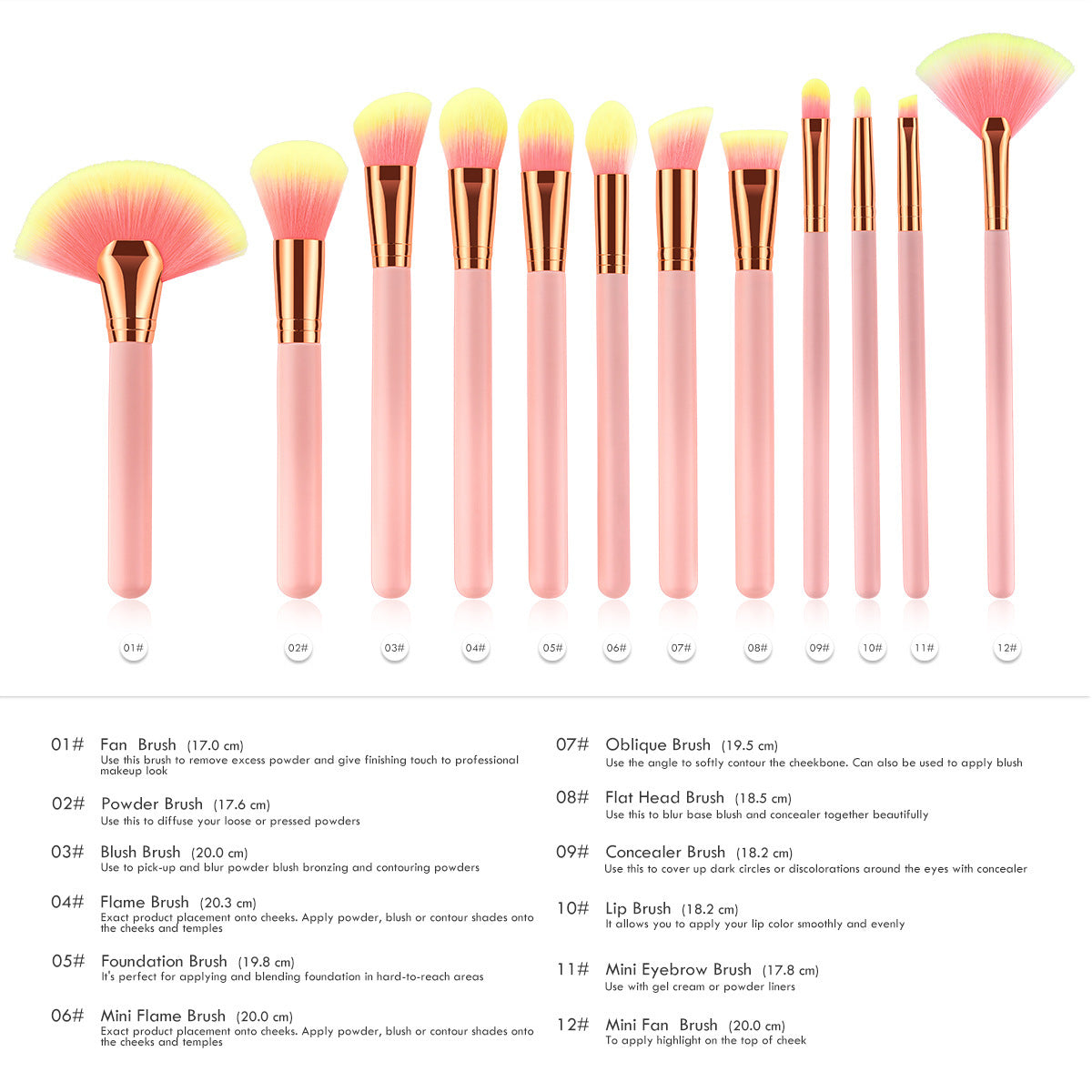 JMT-899914 12-Piece Pink Makeup Brush Set with Nylon Wool Bristles and Wooden Handles