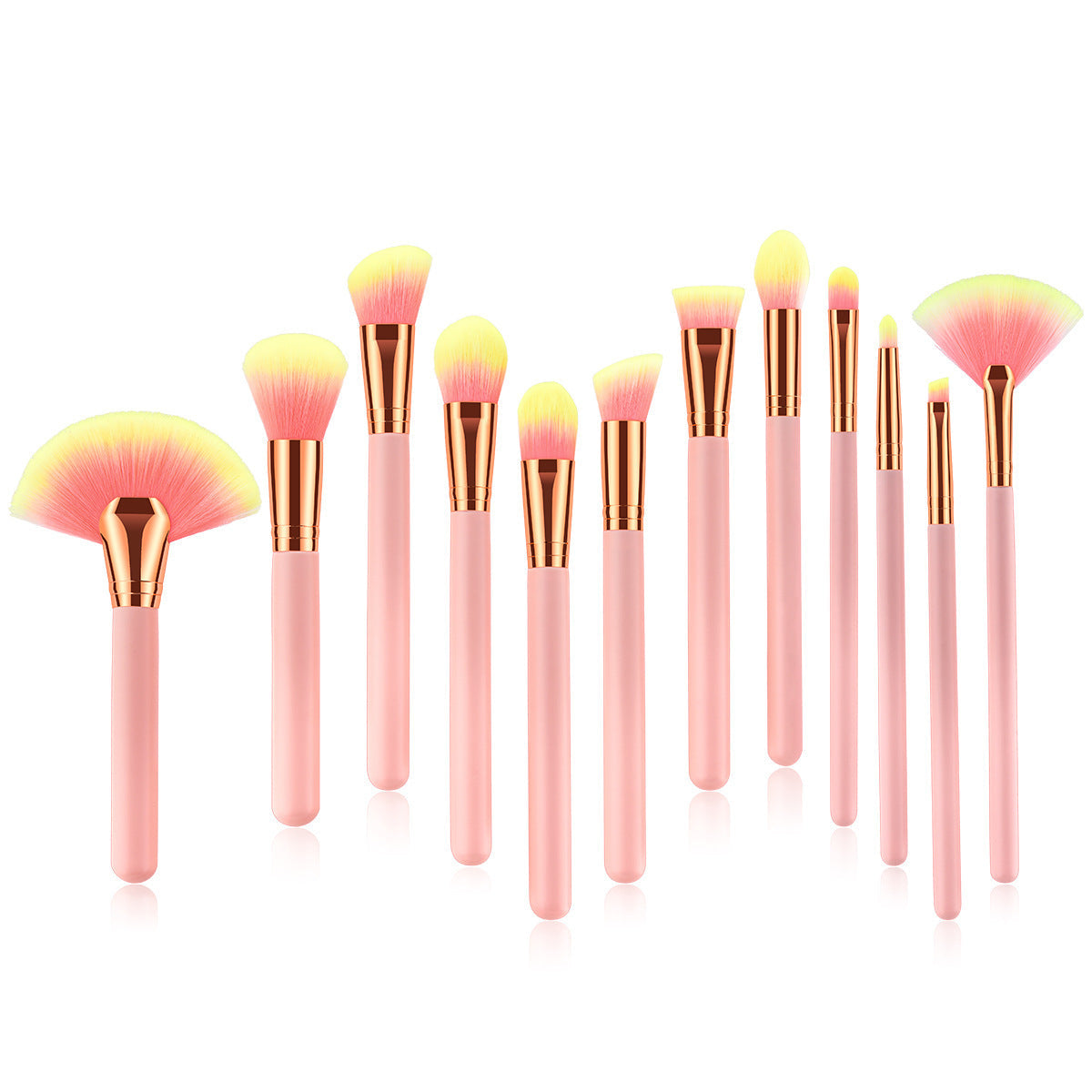 JMT-899914 12-Piece Pink Makeup Brush Set with Nylon Wool Bristles and Wooden Handles