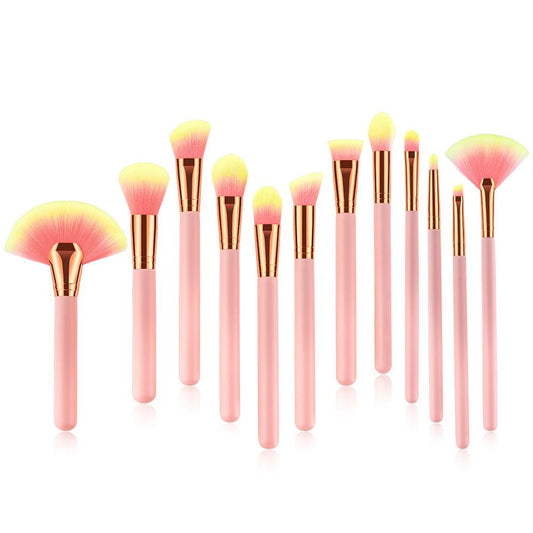 JMT-899914 12-Piece Pink Makeup Brush Set with Nylon Wool Bristles and Wooden Handles