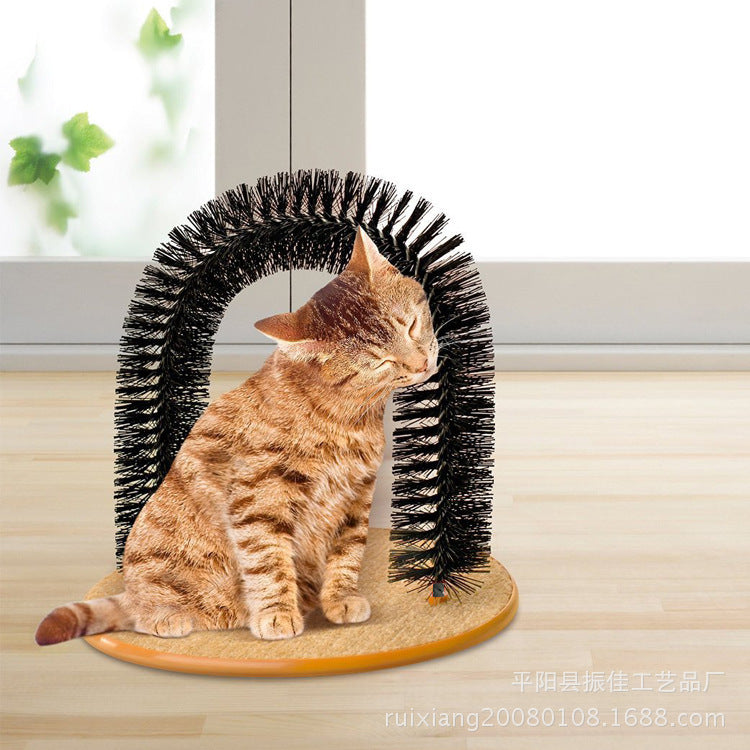 JMT-900874 Curved Bristle Cat Grooming and Scratching Toy with Plush Mouse and Carpet Base