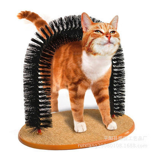 JMT-900874 Curved Bristle Cat Grooming and Scratching Toy with Plush Mouse and Carpet Base
