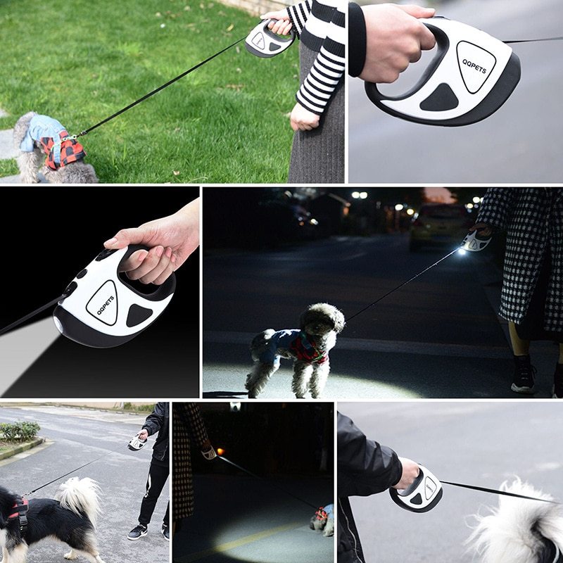 JMT-901130 Retractable Traction Rope for Dog Walking with Integrated Light - Adjustable Lengths Available: 3M or 5M - Durable Plastic - Black and White, Green, Red Options