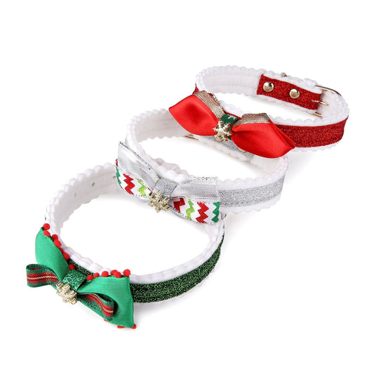 JMT-901450 Christmas-themed Cat Collar in Red, Green, and Silver Color Grid Design, Adjustable for Neck Size 25-32cm, PU Material