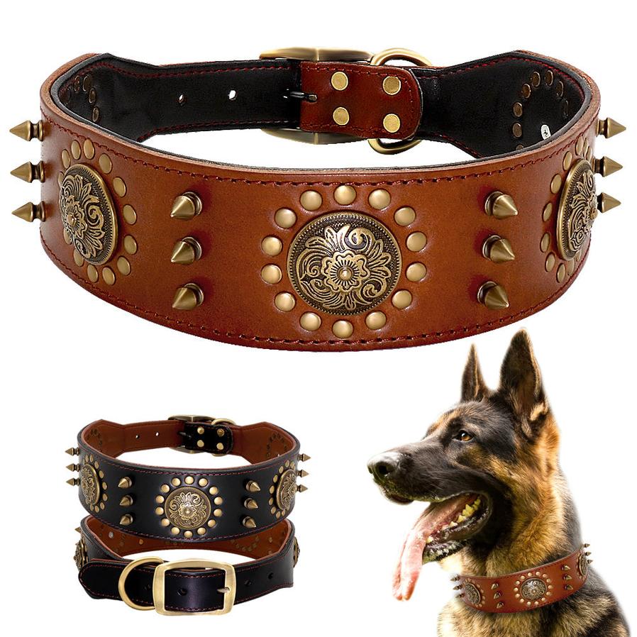 JMT-902602 Durable Leather Studded Dog Collar for Large Dogs – Adjustable, Anti-Bite Design in Brown or Black