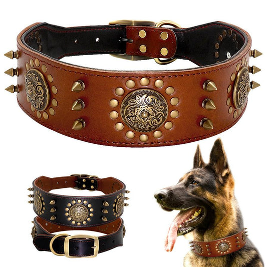 JMT-902602 Durable Leather Studded Dog Collar for Large Dogs – Adjustable, Anti-Bite Design in Brown or Black