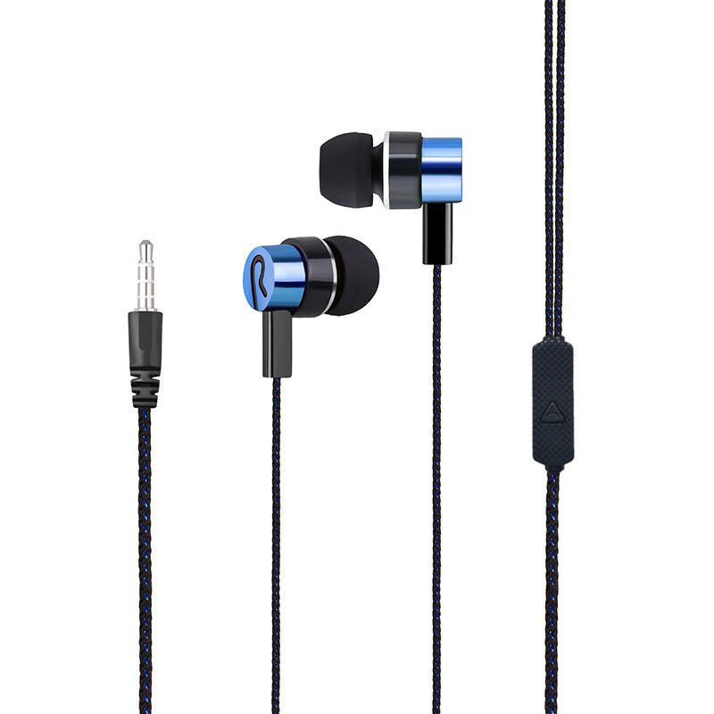 JMT-904266 Braided Microphone Earphones with Extra Bass - 3.5mm In-Ear Headset, Blue Color
