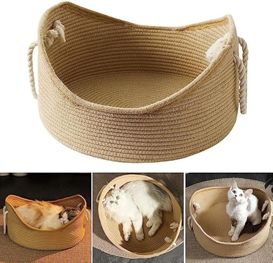 JMT-904394 Spacious Wicker Cat Bed with Corrugated Scratching Surface - Comfortable Multi-Functional Pet Nest for All Seasons