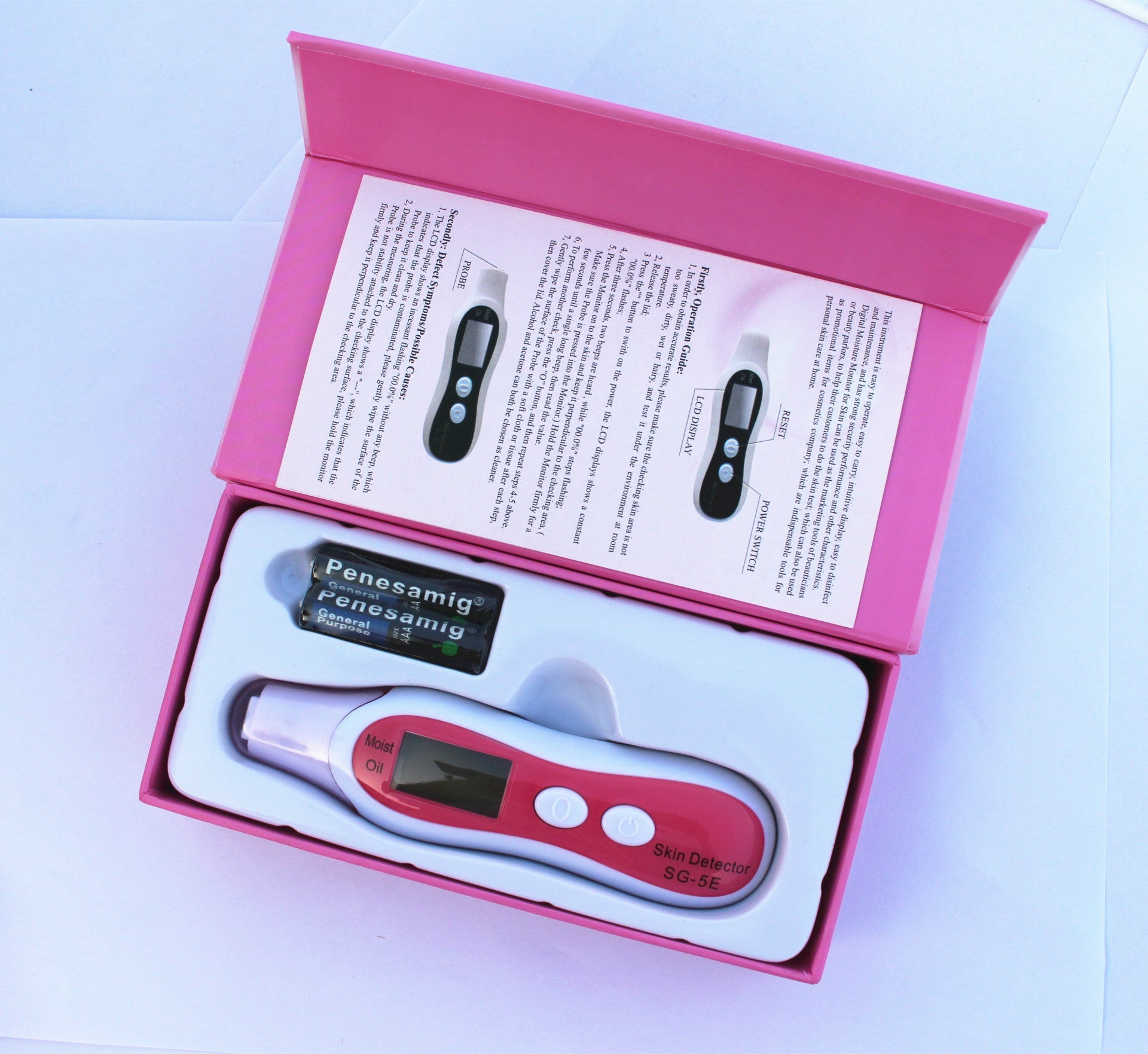 JMT-905226 Digital Beauty Moisture and Oil Tester Pen - Compact Skin Hydration Analyzer in White and Pink