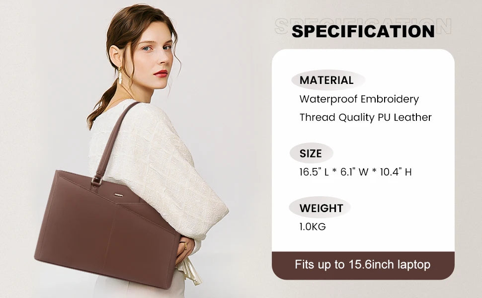 JMT-907210 Waterproof Leather Laptop Tote Briefcase for 15.6 inch Laptops with Casual Office Design for Women