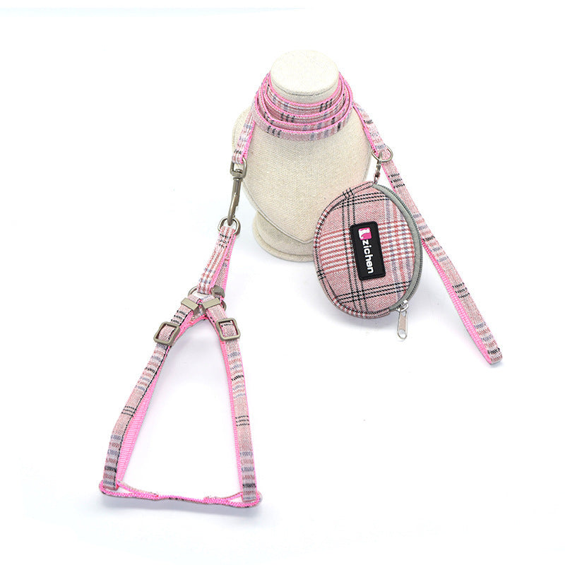 JMT-908042 Plaid Cotton Dog Leash and Collar Set with Snack Bag - Adjustable for All Breeds