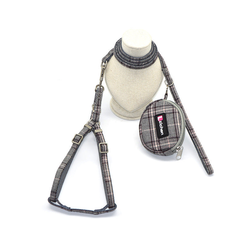 JMT-908042 Plaid Cotton Dog Leash and Collar Set with Snack Bag - Adjustable for All Breeds