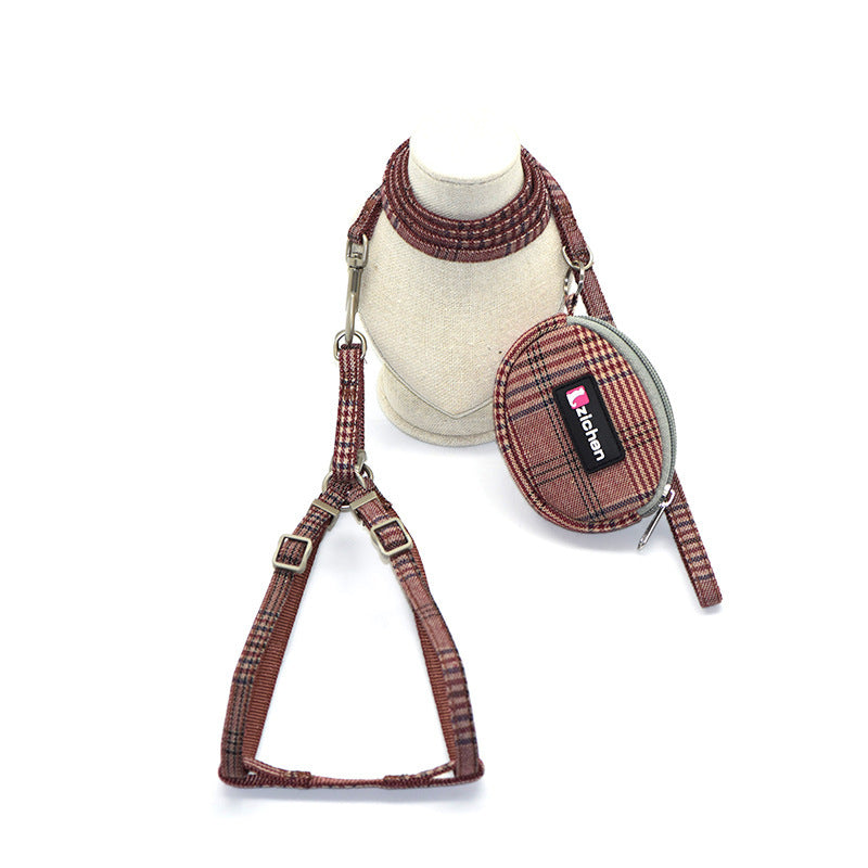 JMT-908042 Plaid Cotton Dog Leash and Collar Set with Snack Bag - Adjustable for All Breeds