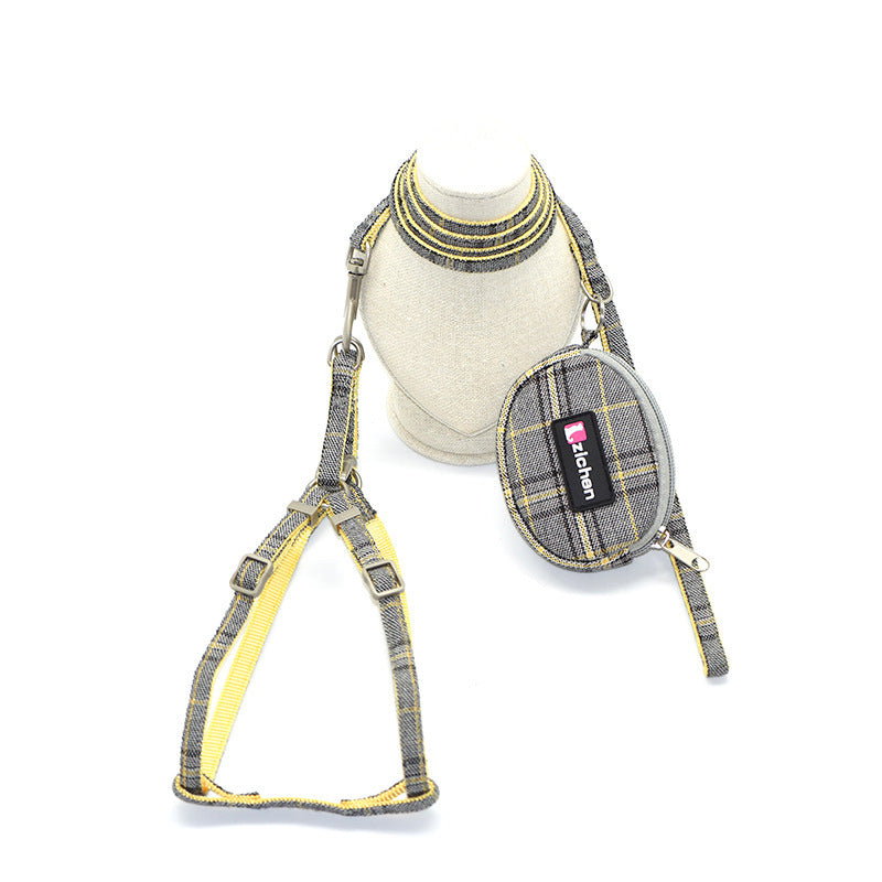 JMT-908042 Plaid Cotton Dog Leash and Collar Set with Snack Bag - Adjustable for All Breeds