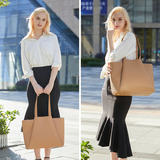 JMT-908362 Stylish 15.6-Inch Leather Laptop Tote Bag with Clutch - Versatile Work Handbag Set for Women