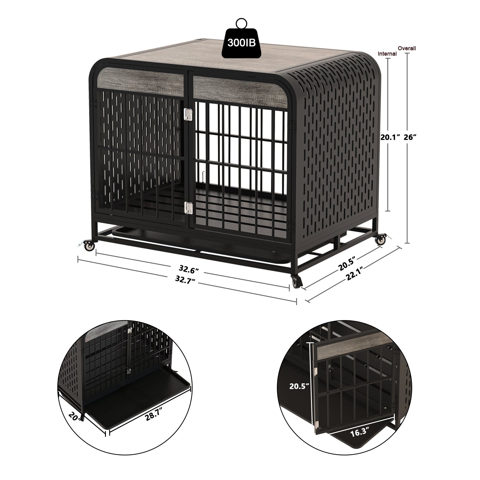 JMT-908554 Heavy Duty Wooden Dog Crate Table with Removable Tray and Lockable Wheels for Small Pets - 33 Inch Grey