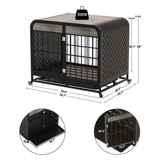 JMT-908554 Heavy Duty Wooden Dog Crate Table with Removable Tray and Lockable Wheels for Small Pets - 33 Inch Grey