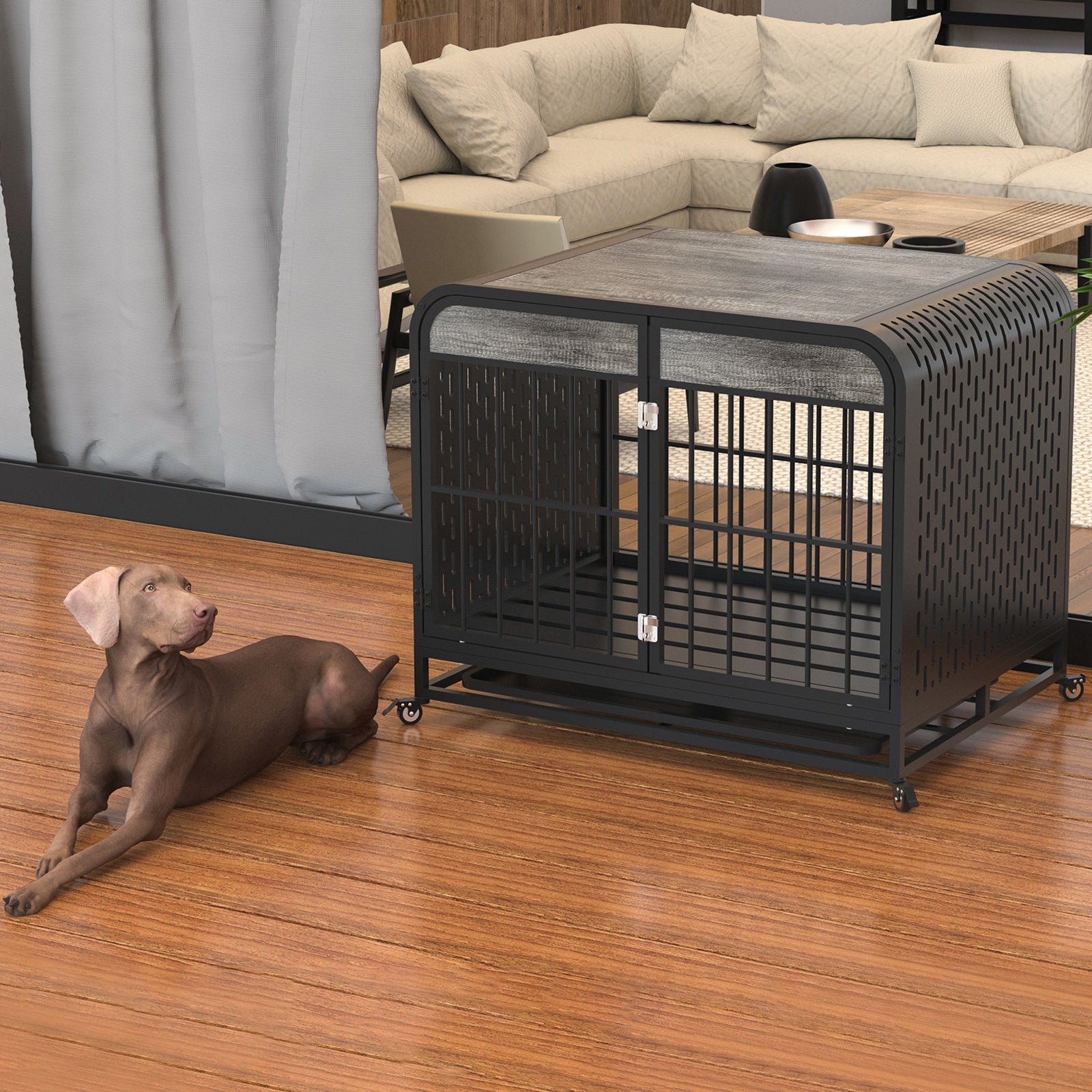 JMT-908554 Heavy Duty Wooden Dog Crate Table with Removable Tray and Lockable Wheels for Small Pets - 33 Inch Grey