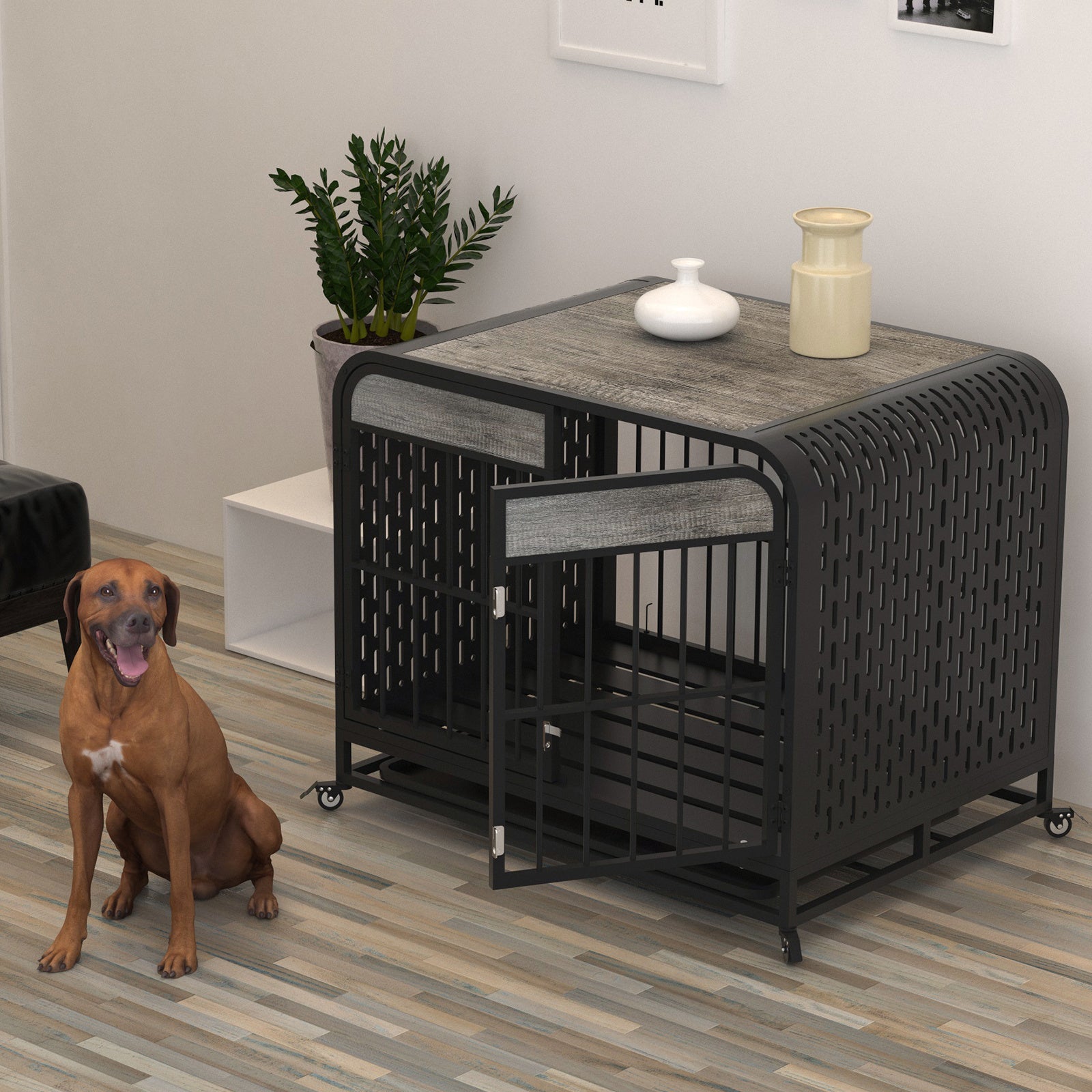JMT-908554 Heavy Duty Wooden Dog Crate Table with Removable Tray and Lockable Wheels for Small Pets - 33 Inch Grey