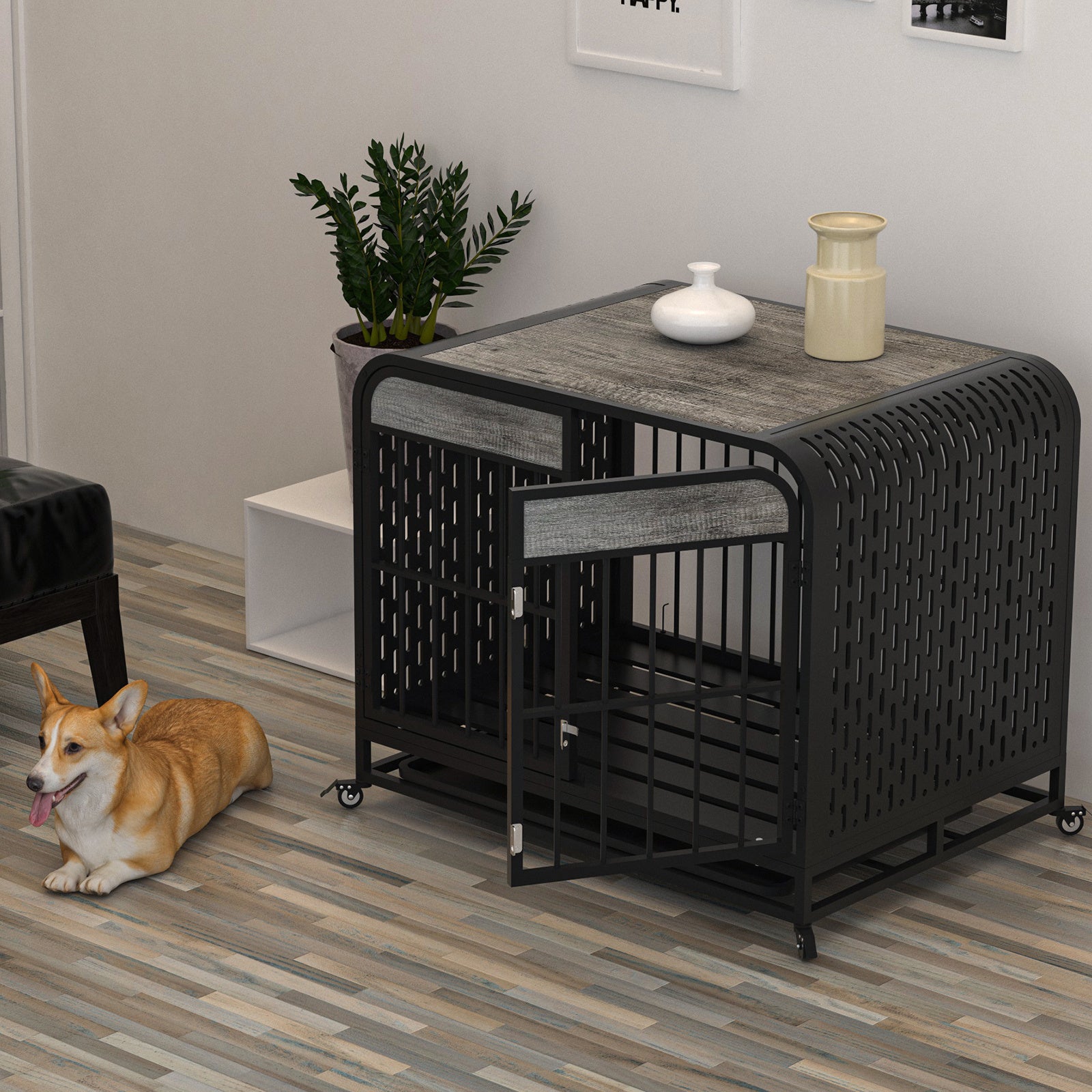 JMT-908554 Heavy Duty Wooden Dog Crate Table with Removable Tray and Lockable Wheels for Small Pets - 33 Inch Grey