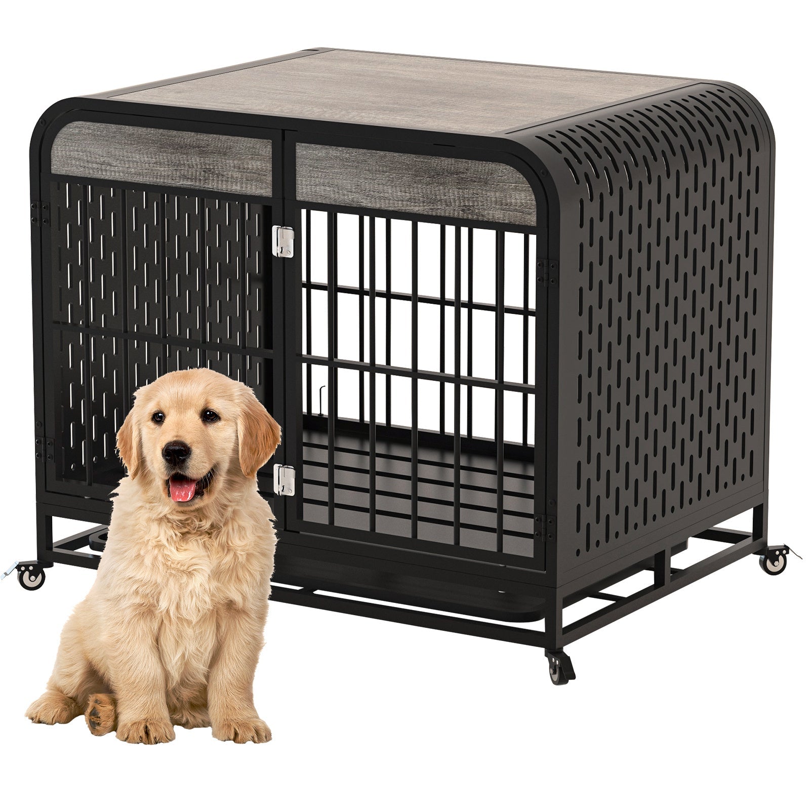 JMT-908554 Heavy Duty Wooden Dog Crate Table with Removable Tray and Lockable Wheels for Small Pets - 33 Inch Grey