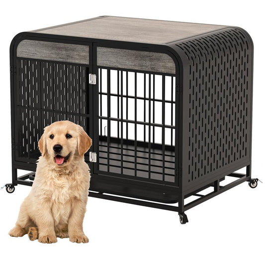 JMT-908554 Heavy Duty Wooden Dog Crate Table with Removable Tray and Lockable Wheels for Small Pets - 33 Inch Grey