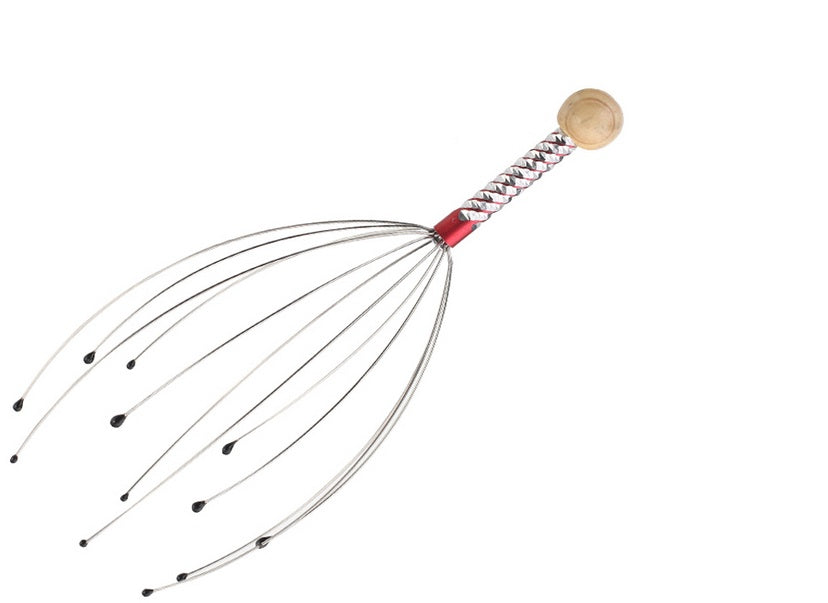 JMT-908938 Octopus Head Massager with Wooden Handle and Stainless Steel Claws for Scalp Relaxation and Blood Circulation