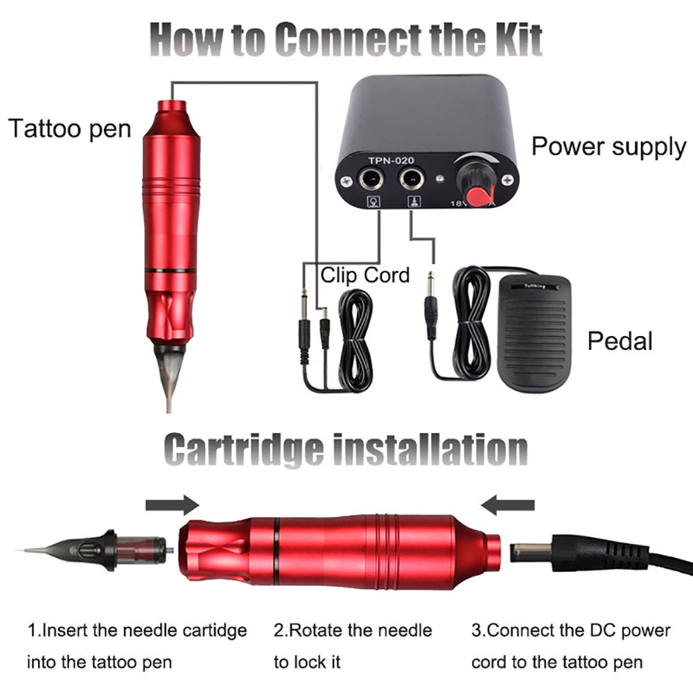 JMT-909002 Mini Tattoo Pen Set with Power Supply, Needles, and Accessories in Multiple Colors