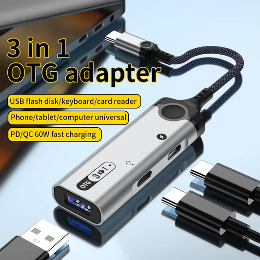 JMT-910346 Universal 3-in-1 OTG Adapter for USB Type-C and USB 3.0 Data Transfer and Charging for Smartphones and Laptops