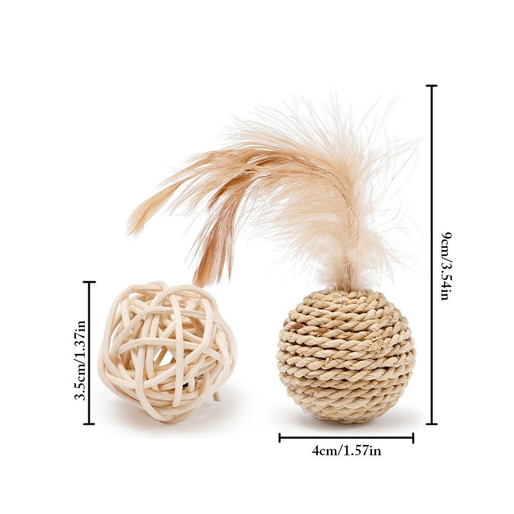 JMT-910666 Cat Rattan Ball Toy Set with Faux Feather and Bell - Interactive Play Balls for Kittens and Cats