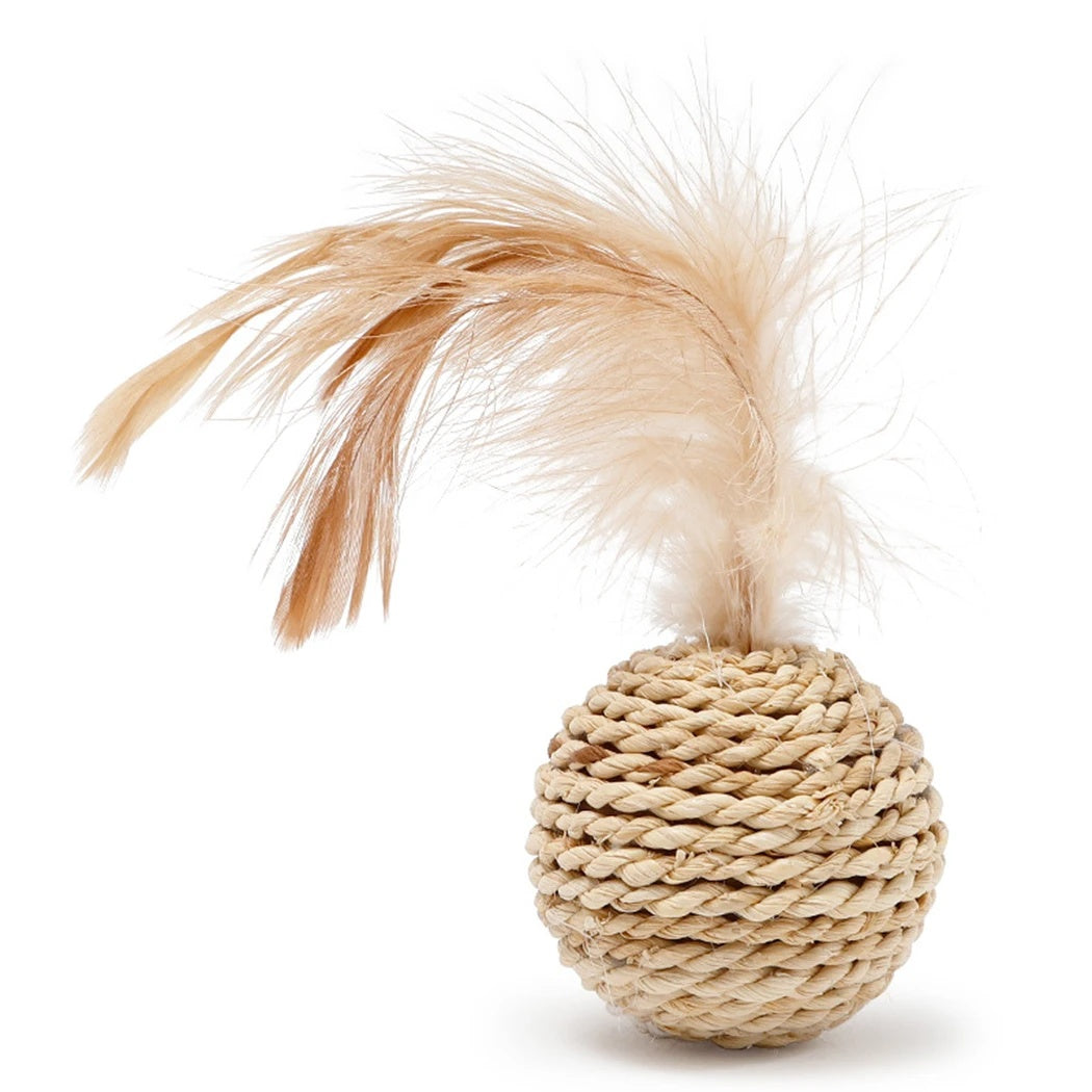 JMT-910666 Cat Rattan Ball Toy Set with Faux Feather and Bell - Interactive Play Balls for Kittens and Cats
