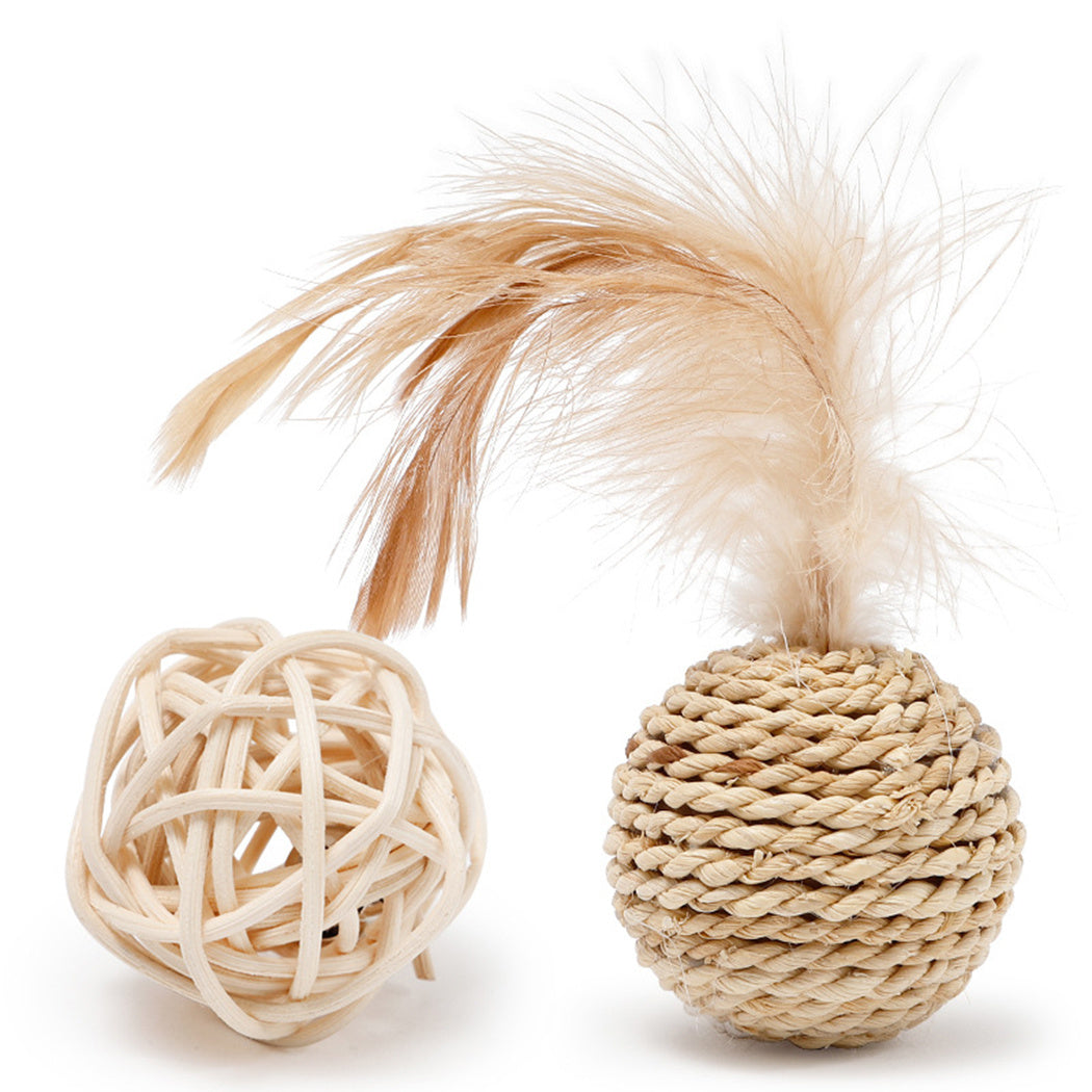 JMT-910666 Cat Rattan Ball Toy Set with Faux Feather and Bell - Interactive Play Balls for Kittens and Cats