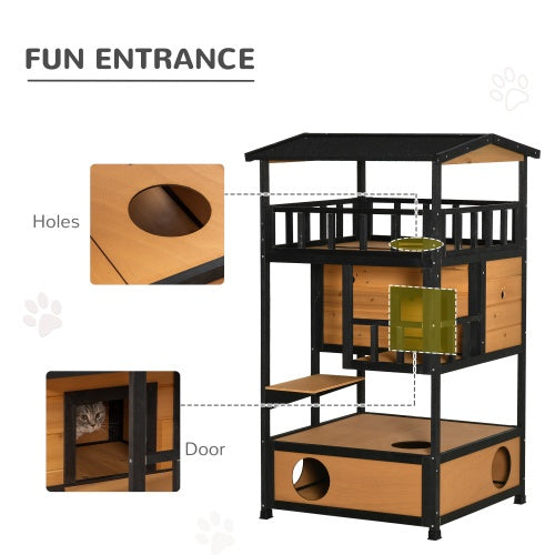 JMT-910858 Wooden Outdoor Cat House with Asphalt Roof and Escape Door, Spacious Cat Apartment with Jump Platforms