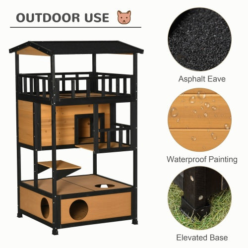 JMT-910858 Wooden Outdoor Cat House with Asphalt Roof and Escape Door, Spacious Cat Apartment with Jump Platforms