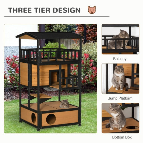 JMT-910858 Wooden Outdoor Cat House with Asphalt Roof and Escape Door, Spacious Cat Apartment with Jump Platforms