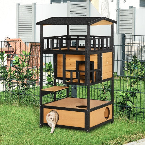 JMT-910858 Wooden Outdoor Cat House with Asphalt Roof and Escape Door, Spacious Cat Apartment with Jump Platforms