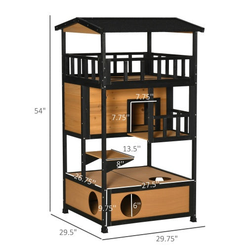 JMT-910858 Wooden Outdoor Cat House with Asphalt Roof and Escape Door, Spacious Cat Apartment with Jump Platforms