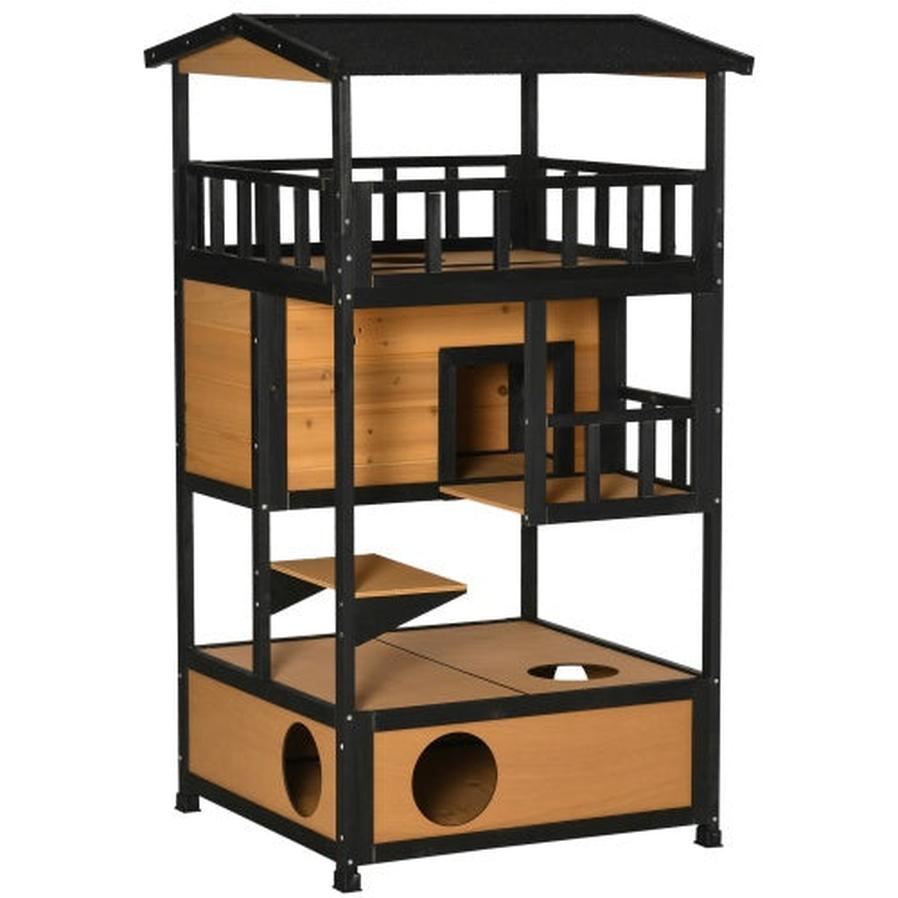 JMT-910858 Wooden Outdoor Cat House with Asphalt Roof and Escape Door, Spacious Cat Apartment with Jump Platforms