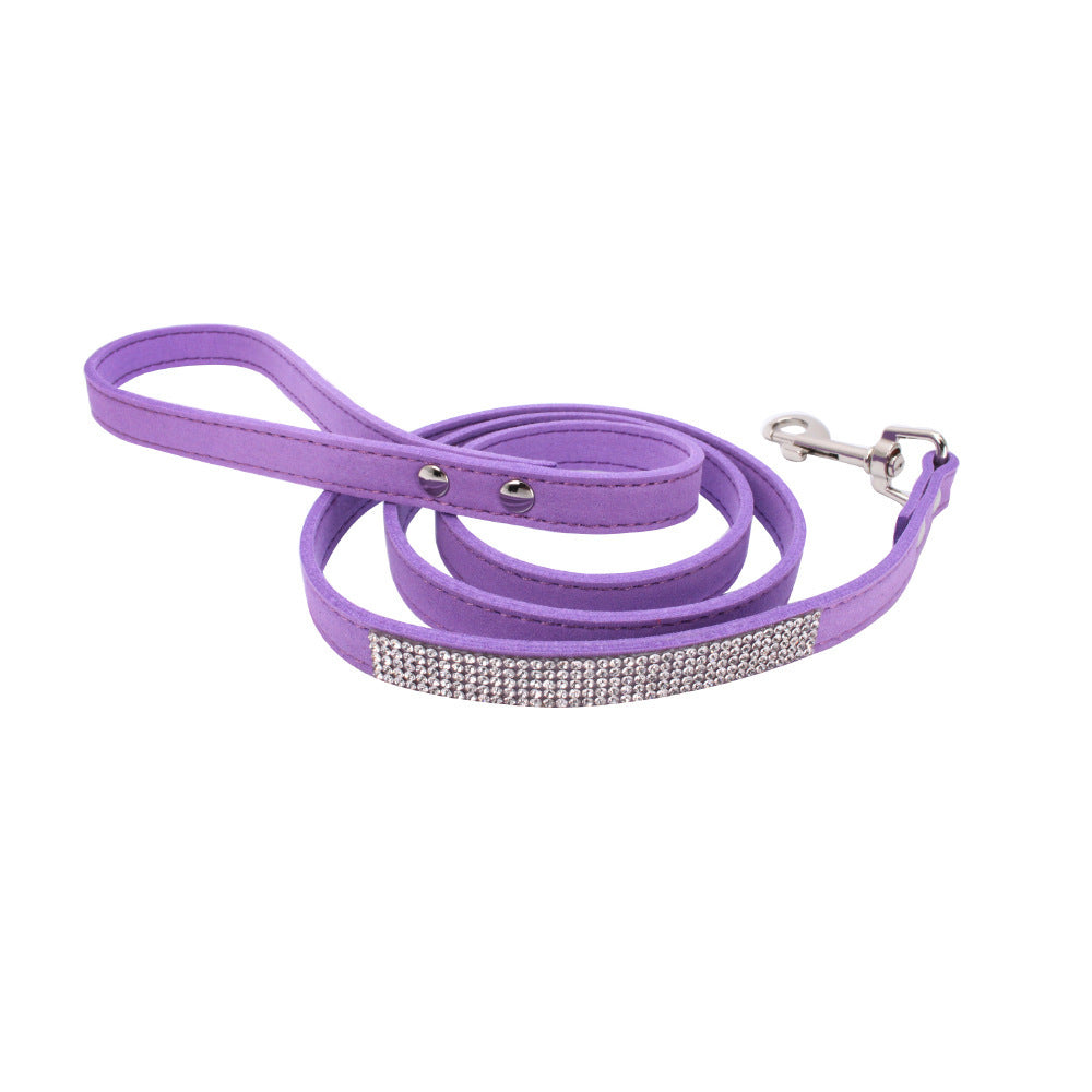 JMT-914954 Adjustable Suede Leather Dog Collar and Leash Set with Rhinestones in Multiple Colors