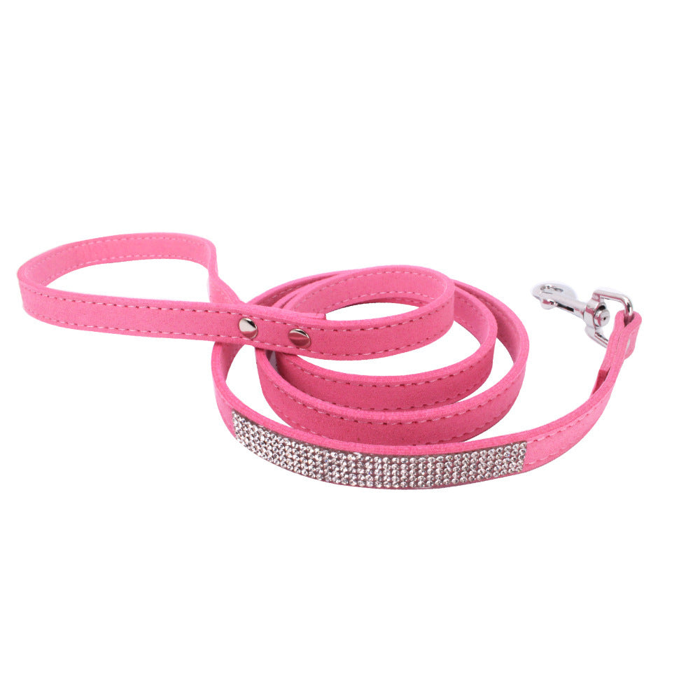 JMT-914954 Adjustable Suede Leather Dog Collar and Leash Set with Rhinestones in Multiple Colors