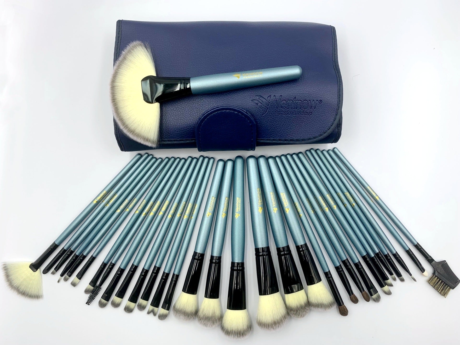 JMT-915722 32-Piece Blue Makeup Brush Set with Man-Made Fiber and Horse Hair, Wooden Handles