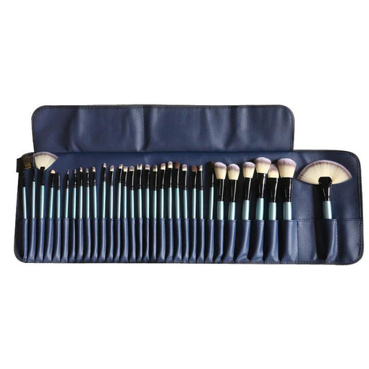 JMT-915722 32-Piece Blue Makeup Brush Set with Man-Made Fiber and Horse Hair, Wooden Handles