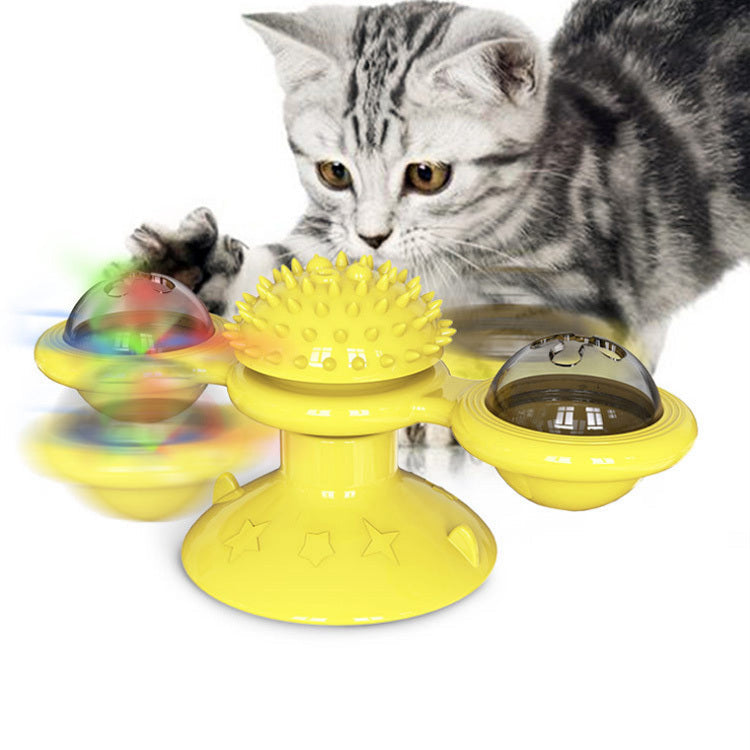 JMT-917898 Interactive Spin Windmill Cat Toy with Suction Cup Base for Luminous Balls and Furry Features