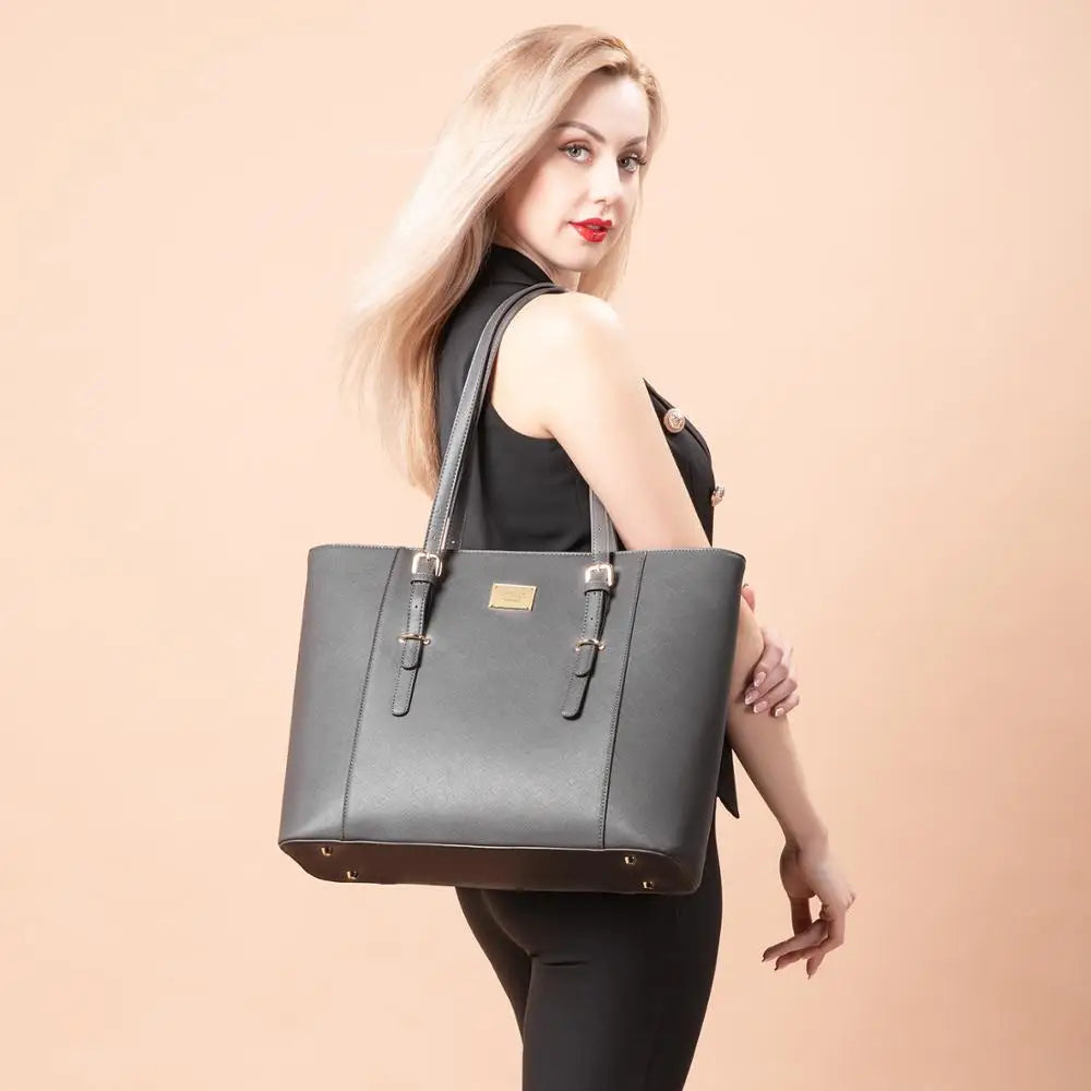 JMT-920714 Elegant 15.6 Inch PU Leather Laptop Tote Bag for Women - Spacious Shoulder Handbag for Office Use