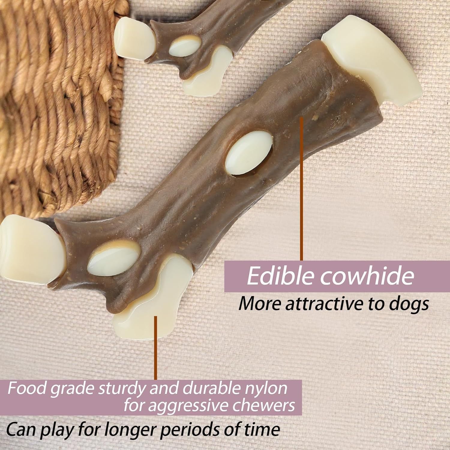 JMT-921034 Indestructible Dog Bones Chew Toy - Real Beef Flavor, Safe Nylon & Cowhide, Ideal for Aggressive Chewers of All Sizes