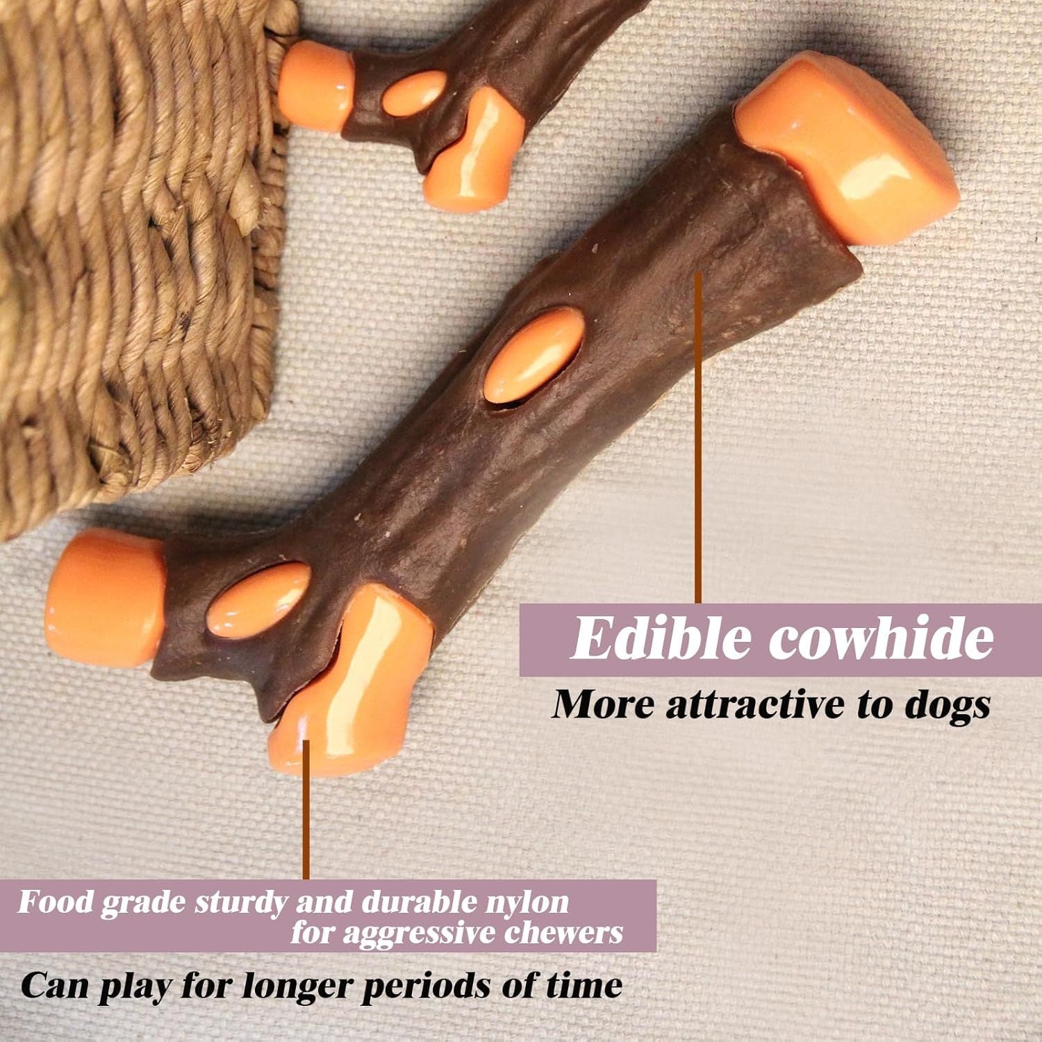 JMT-921034 Indestructible Dog Bones Chew Toy - Real Beef Flavor, Safe Nylon & Cowhide, Ideal for Aggressive Chewers of All Sizes