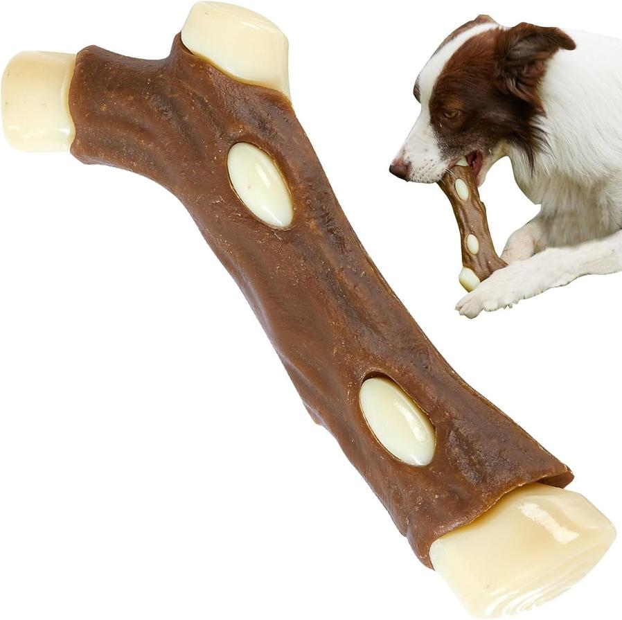 JMT-921034 Indestructible Dog Bones Chew Toy - Real Beef Flavor, Safe Nylon & Cowhide, Ideal for Aggressive Chewers of All Sizes