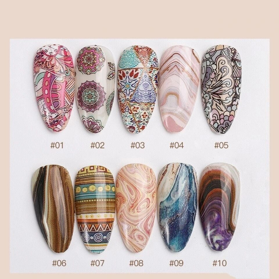 JMT-922506 Starry Sky Bohemian Gilt Marble Pattern Nail Dyeing Transfer Paper - 10 Rolls (70cm x 4cm)