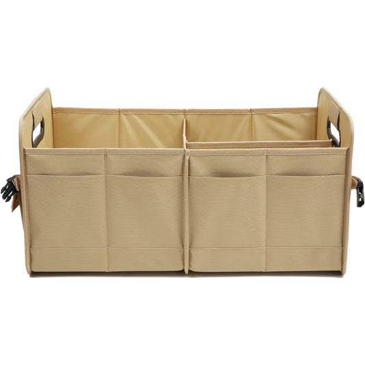 JMT-922826 Foldable Khaki Car Trunk Organizer with Non-Slip Adjustable Design and Multiple Compartments Made of 600D Oxford Cloth