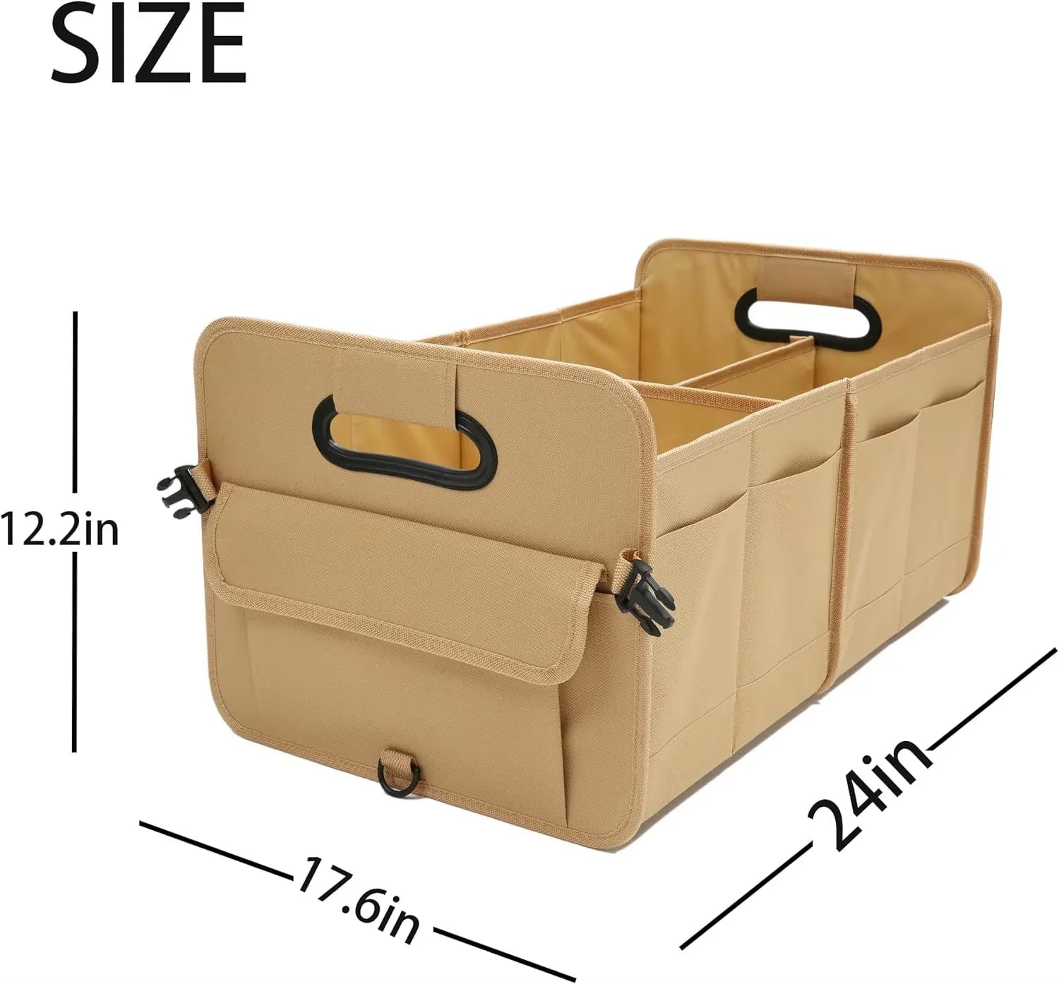JMT-922826 Foldable Khaki Car Trunk Organizer with Non-Slip Adjustable Design and Multiple Compartments Made of 600D Oxford Cloth